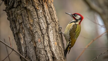 Beautiful woodpecker perched on a tree trunk in natural wildlife habitat
