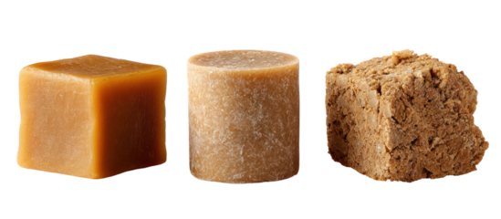 Three piles of jaggery in square, disk, and hexagonal shapes side by side on transparent background