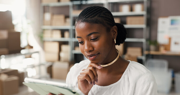 Thinking, tablet and ecommerce with black woman in warehouse for shipping, logistics report and vision. Reflection, courier route idea and delivery information with person for online supplier review - Powered by Adobe
