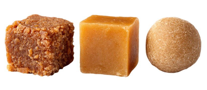Three piles of jaggery in traditional block cone and disc shapes on transparent background