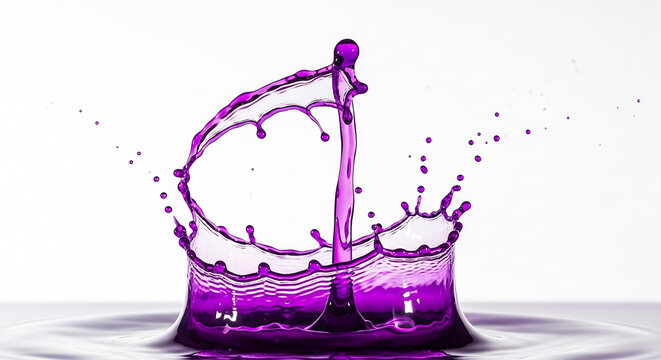 Vibrant Purple Liquid Splash and Water Crown on White Background – High-Speed Photography