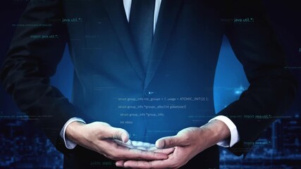 A businessman in a suit holds a virtual digital interface with code elements, symbolizing technology and innovation in a corporate environment. Xenic - Powered by Adobe