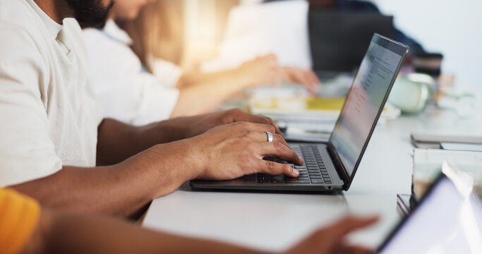 Hands, person and student with laptop in classroom for education, lecture notes and study session. Man, typing and pc for online learning, exam preparation and course revision for college assignment