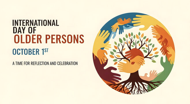 International day of older persons october 1st with diverse hands forming an egg shape around a tree