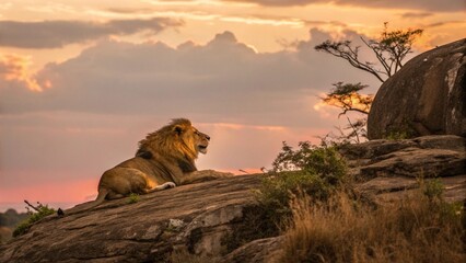 Majestic lion resting proudly atop rock formation at vibrant sunset