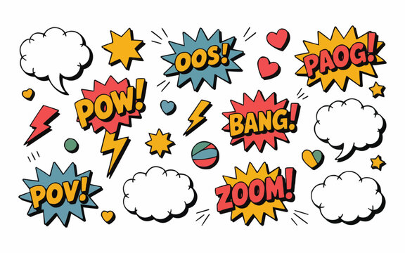 Dynamic comic book explosion bubbles with bold typography for vibrant designs and playful storytelling, adding energy to your projects!