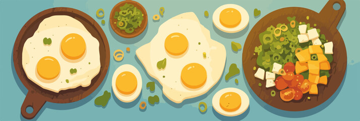 다채로운 아침 식사, 계란 프라이와 신선한 채소 샐러드, 건강한 식단