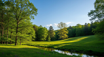 Fototapeta premium Sunny Day Landscape View of Green Field and Deciduous Tree