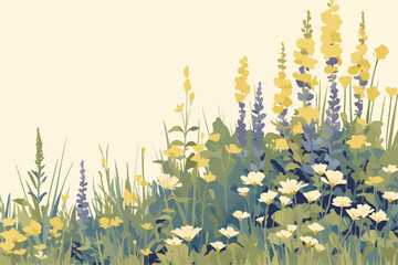 따뜻한 노란색과 보라색 꽃이 어우러진 아름다운 여름 들꽃 풍경 벡터 일러스트
