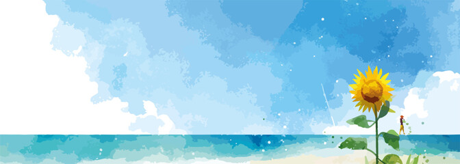 푸른 바다와 하늘 아래 홀로 핀 해바라기, 여름날의 평화로운 풍경