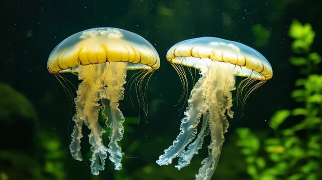 Nettle jellyfish gracefully swimming together in a serene aquatic environment, Nettle jellyfish swimming together aquatic themed footage