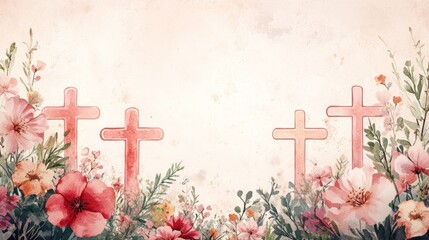 Set of floral crosses Easter border Christian banner watercolor hand drawn Easter cards for religious prints and publications