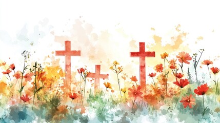 Set of floral crosses Easter border Christian banner watercolor hand drawn Easter cards for religious prints and publications