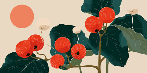 싱그러운 붉은 열매와 짙은 녹색 잎사귀가 조화로운 동양화풍 벡터 일러스트