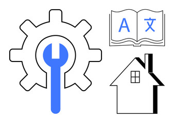 Blue wrench on gear, open book with language characters, house outline. Ideal for repair, translation, technology, home improvement, education tools linguistics. Simple flat metaphor