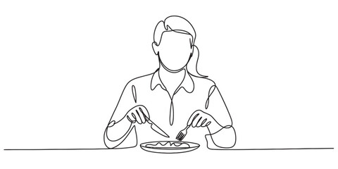 Continuous line drawing of a person enjoying a meal using a fork and knife at a table, minimalist one line art illustration design