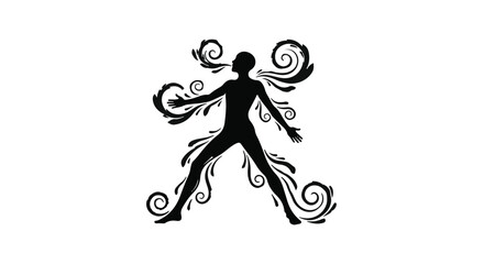 Fototapeta premium Silhouette of a person with swirling floral patterns emanating from their limbs and head, symbolizing creativity and energy.