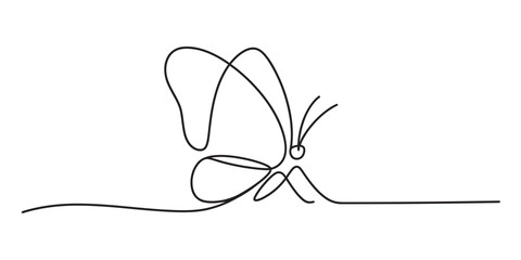 Minimalist continuous line art drawing of a graceful butterfly with delicate wings, symbolizing freedom, nature, and transformation