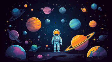 Naklejka premium Flat vector illustration of space exploration with astronaut floating, rocket ship, satellites and planets, dark starry background