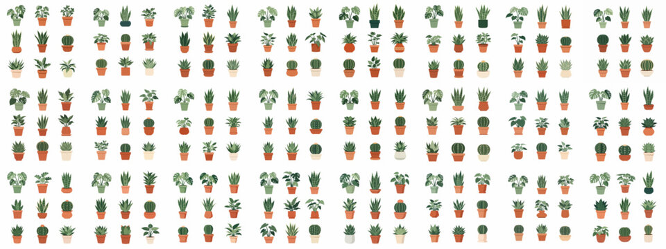 Minimalist vector seamless pattern of popular potted house plants, succulents, and cacti in terracotta pots on a white background.