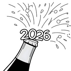 “Champagne Bottle Popping with ‘2026’ Formed from the Splash — Thin Minimal Linear Style New Year Celebration Line Illustration”
