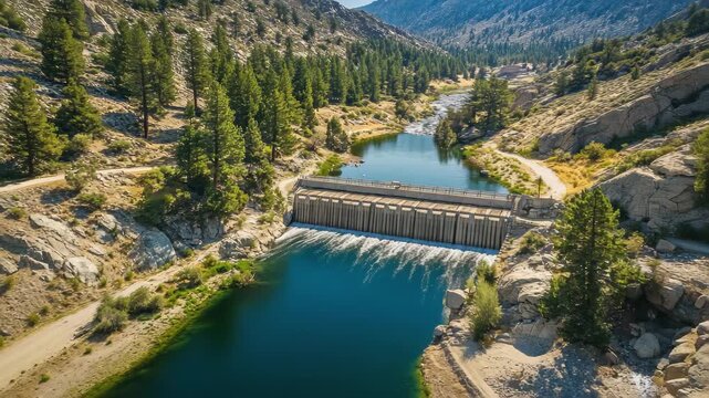 Beautiful aerial view of small dam on Kern River surrounded by mountains and forest, Aerial shot of a small dam on the Kern River in the Southern Sierra Nevada Mountains in California