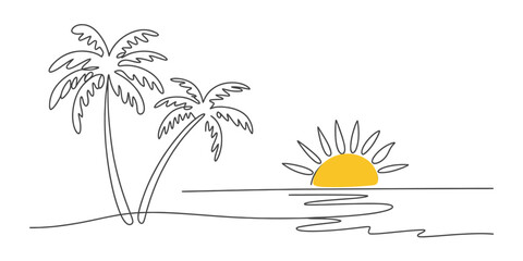 Single continuous line drawing of two tropical palm trees on a serene desert island, with a bright yellow sunrise over the calm ocean horizon.
