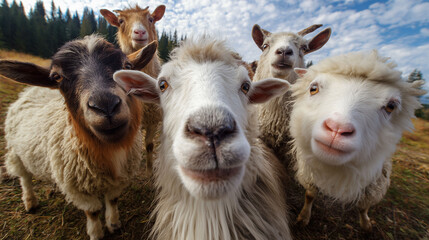 Fototapeta premium Goats and sheep are taking selfies and laughing happily