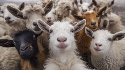 Fototapeta premium Goats and sheep are taking selfies and laughing happily