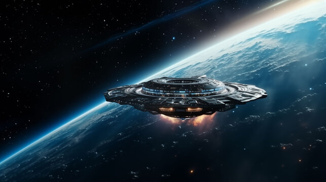 Futuristic spaceship flying through deep space with glowing stars, nebula clouds, and distant planet - Powered by Adobe