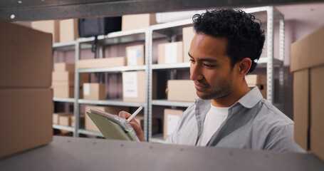 Ecommerce, tablet and stylus with man in warehouse for courier inspection, shipping and supply...