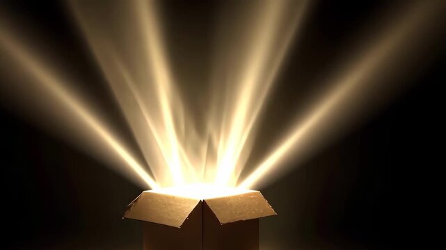 Mysterious light beams out of a cardboard box, creating a sense of wonder.