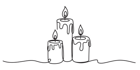 Continuous line art drawing of three burning candles with dripping wax, isolated on a clean background, symbolizing warmth, peace, and celebration.