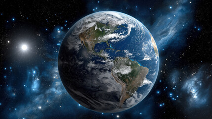 Obraz premium Earth is depicted in cosmic setting, surrounded by stars and galaxies, showcasing its beauty and vastness of space