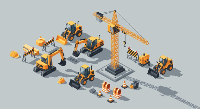Minimalist flat-style vector illustration of a modern construction site featuring compact excavators, mini loaders, infographics, infrastructure projects, and industrial branding. 