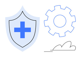 Blue shield with cross, outline of gear, and cloud shape. Ideal for health, security, technology, innovation, collaboration cloud computing and reliability. Minimalist design simple flat metaphor