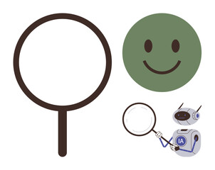Robot examining a green happy face with a magnifying glass. Ideal for research, technology, positivity, AI, innovation, analysis, curiosity. Simple flat metaphor for observation and discovery