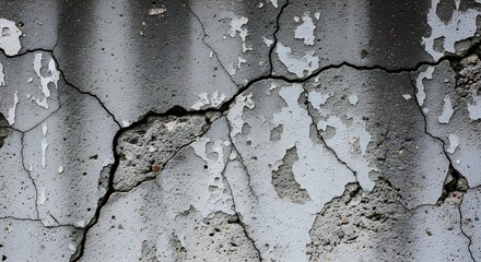 Obraz premium Close up of a cracked and weathered concrete wall with peeling paint and visible damage to the surface