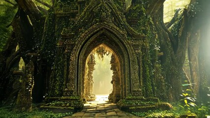 Ancient temple ruins overgrown with lush greenery in a mystical forest setting. - Powered by Adobe