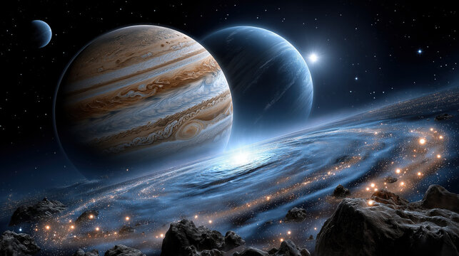 Stunning cosmic scene featuring two large planets, one with distinct bands and colors, set against backdrop of stars and swirling galaxy