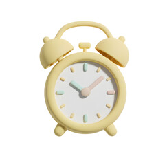 A cute, minimalist 3D alarm clock icon in a pastel yellow color with soft pink and mint hands, symbolizing time, schedule, and soft planning.