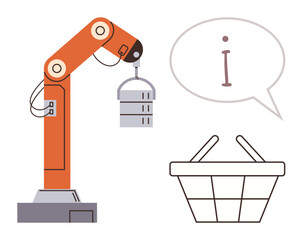 Industrial robotic arm with server, speech bubble, and shopping basket. Ideal for automation, efficiency, robotics, commerce, data transfer technology and production. Simple flat metaphor
