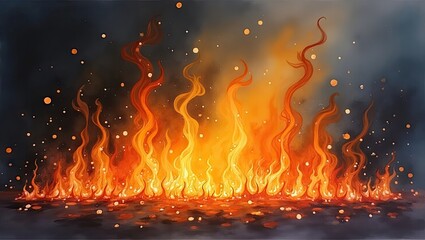 Burning flames are illustrated with vibrant orange and red hues, showcasing an artistic representation of fire with glowing embers and a smoky background, creating an atmosphere of intensity and...
