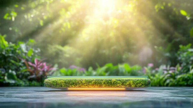 Showcasing Nature's Stage: An empty stage platform is gracefully placed in a luminous natural outdoor environment, creating a vibrant space to showcase product 