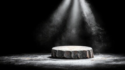 A rough, circular stone pedestal sits on a dark, dusty surface, illuminated by dramatic spotlights from above, creating a theatrical atmosphere.