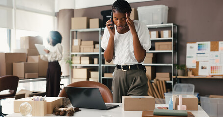 Small business, woman or phone call with stress in logistics for supplier delay, delivery mistake...