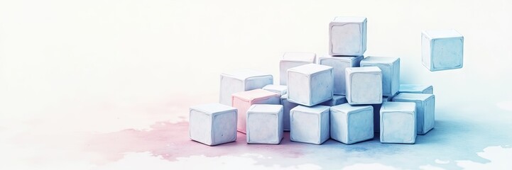 White, square blocks are stacked in a cluster with one floating in the air and presented against a soft, blended background with pink and blue hues creating an abstract and minimalist composition...