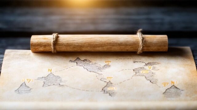 Vintage Map and Scroll: An antique map unfurls on a weathered wooden surface, a rolled parchment scroll resting above it, illuminated by a warm, ethereal glow, inviting exploration and discovery.