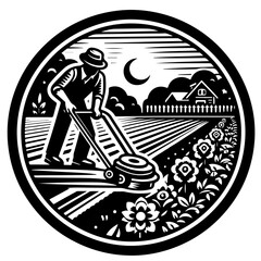 Illustration of a man mowing the lawn at night with a house and moon in the background inside a circle