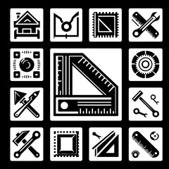 Collection of engineering and construction icons featuring tools and architectural elements arranged neatly